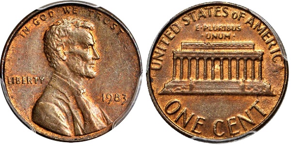 Lot 20013: 1983 Lincoln cent, struck on a copper alloy planchet.