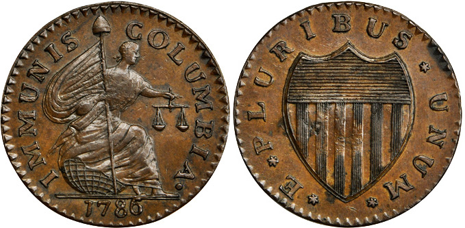 1786 Immunis Columbia/New Jersey Shield Reverse. Rarity-6+. Copper. MS-63 BN (PCGS).